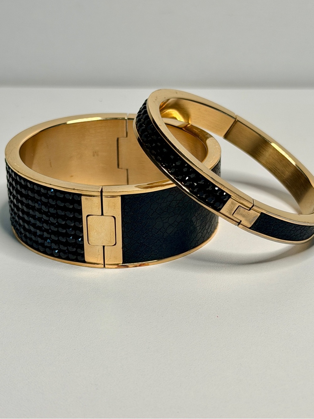 VTG 80s Hinged Cuff Bracelet Set 2 Gold Tone Black Rhinestone Leather Glam Party